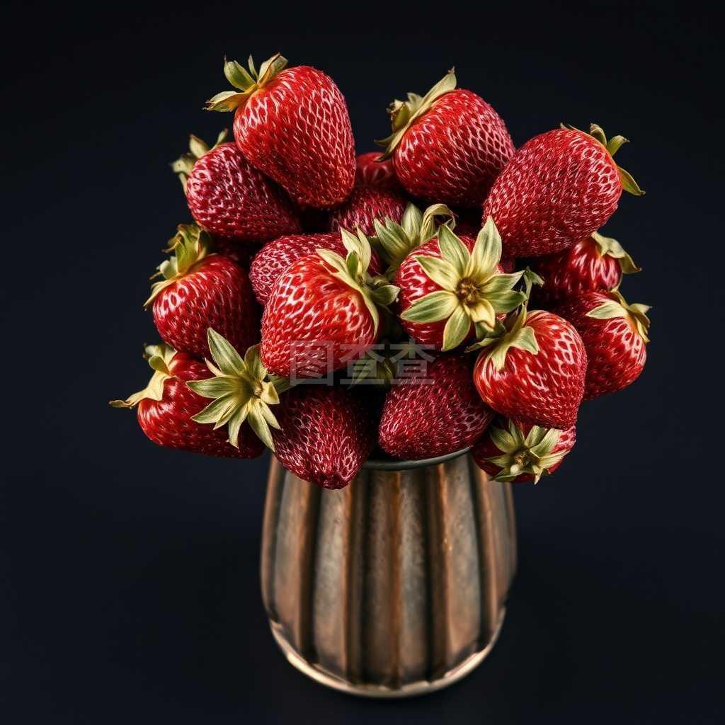 旧金属花瓶里的草莓干果.天然产品.素食者用.黑色背面照片